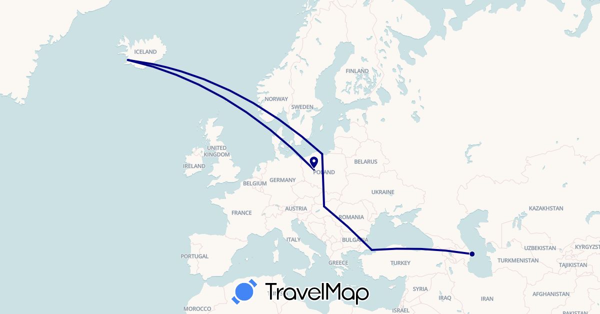 TravelMap itinerary: driving in Azerbaijan, Hungary, Iceland, Poland, Turkey (Asia, Europe)
